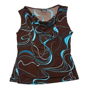 90s y2k brown and blue swirl cowl neck top